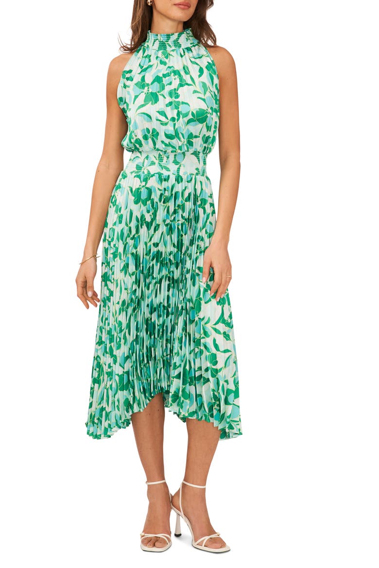 Floral Pleated Sharkbite Hem Midi Dress, Main, color, DEWY BLUE