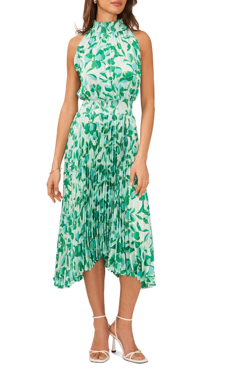 Halogen<sup>®</sup> Floral Pleated Sharkbite Hem Midi Dress, Main, color,