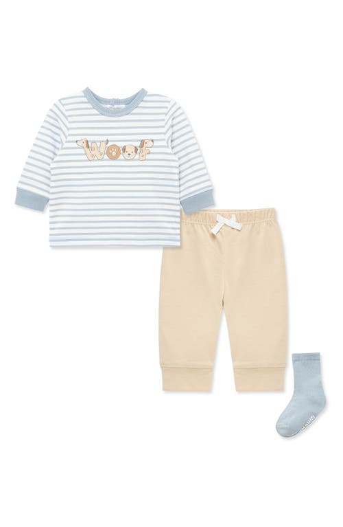 Little Me Babies'  Woof Stripe Shirt, Joggers & Socks Set In Blue