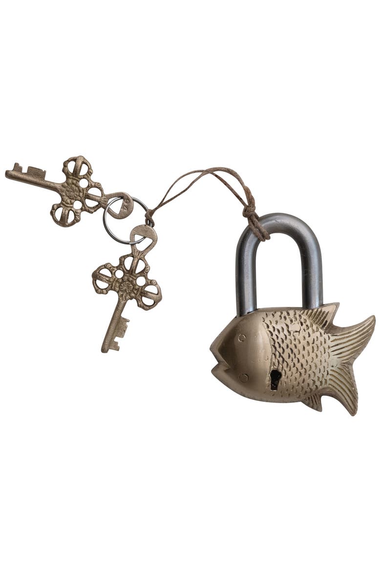 Brass and Metal Fish Shaped Lock with Keys, Matte Brass and Nickel Finish, Main, color, Brass