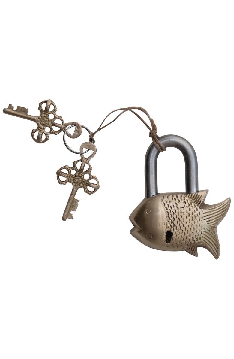 Storied Home Brass and Metal Fish Shaped Lock with Keys, Matte Brass and Nickel Finish, Main, color, Brass