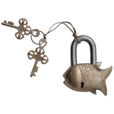 Brass and Metal Fish Shaped Lock with Keys, Matte Brass and Nickel Finish