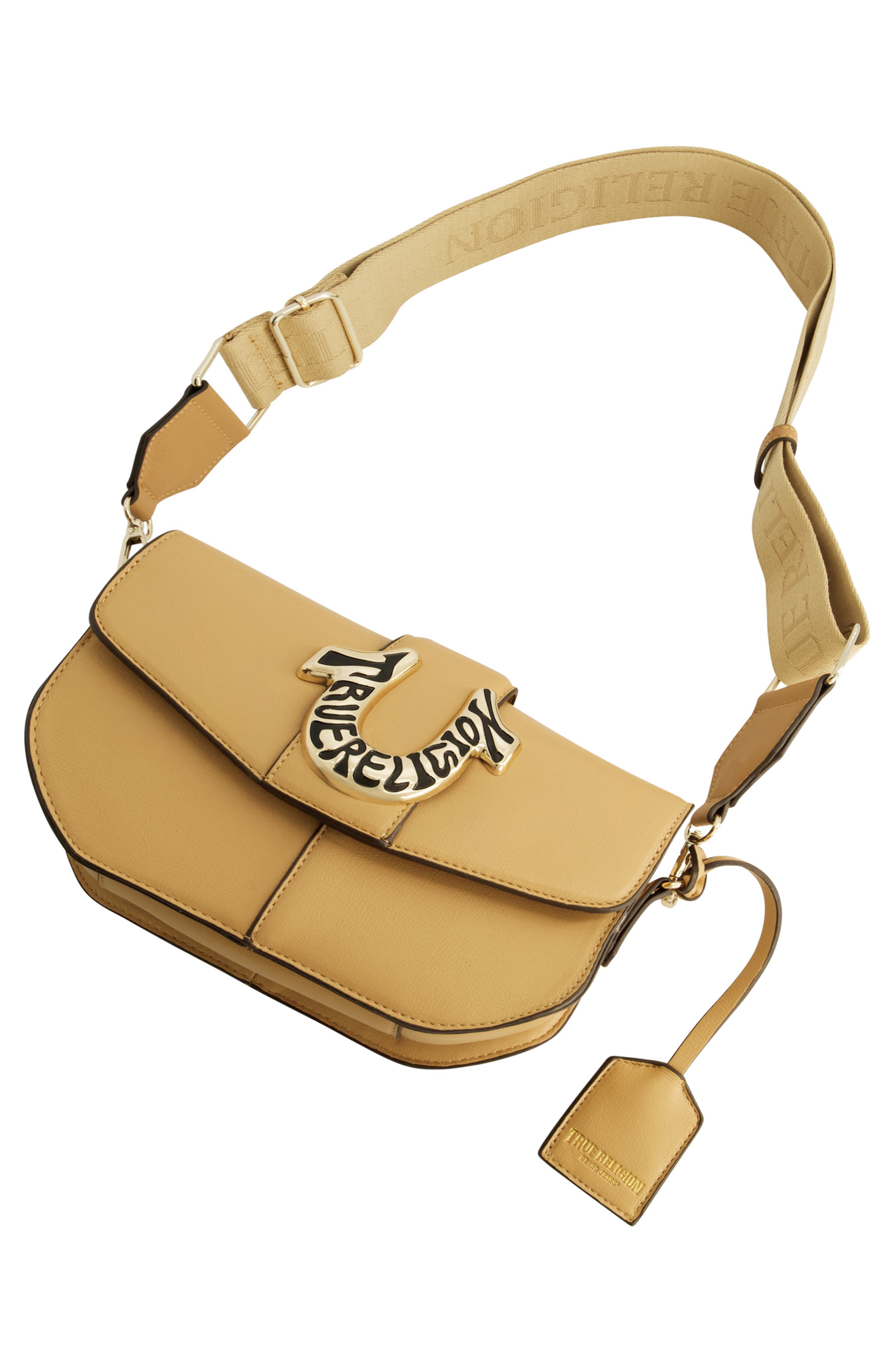 True Religion Logo Horseshoe Crossbody Bag, Alternate, color, Camel