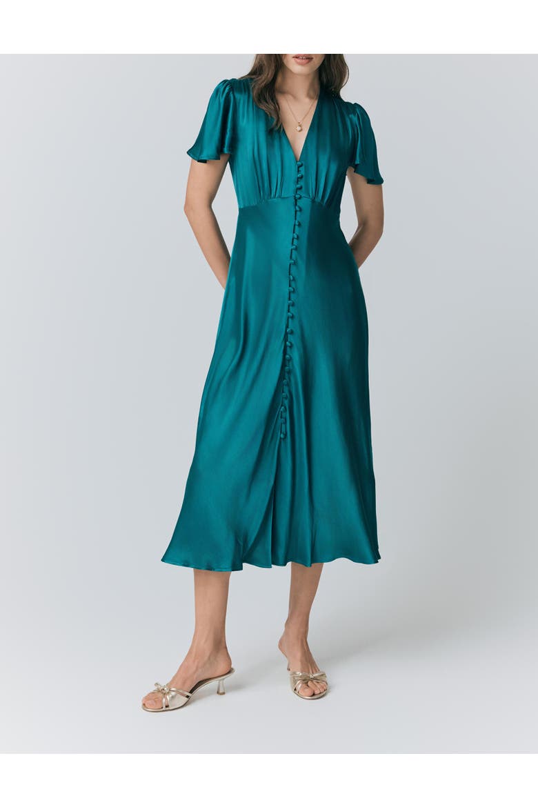 Grace Satin Button V-Neck Dress, Alternate, color, Emerald Sea