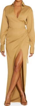 Naked Wardrobe Long Sleeve Faux Wrap Dress
