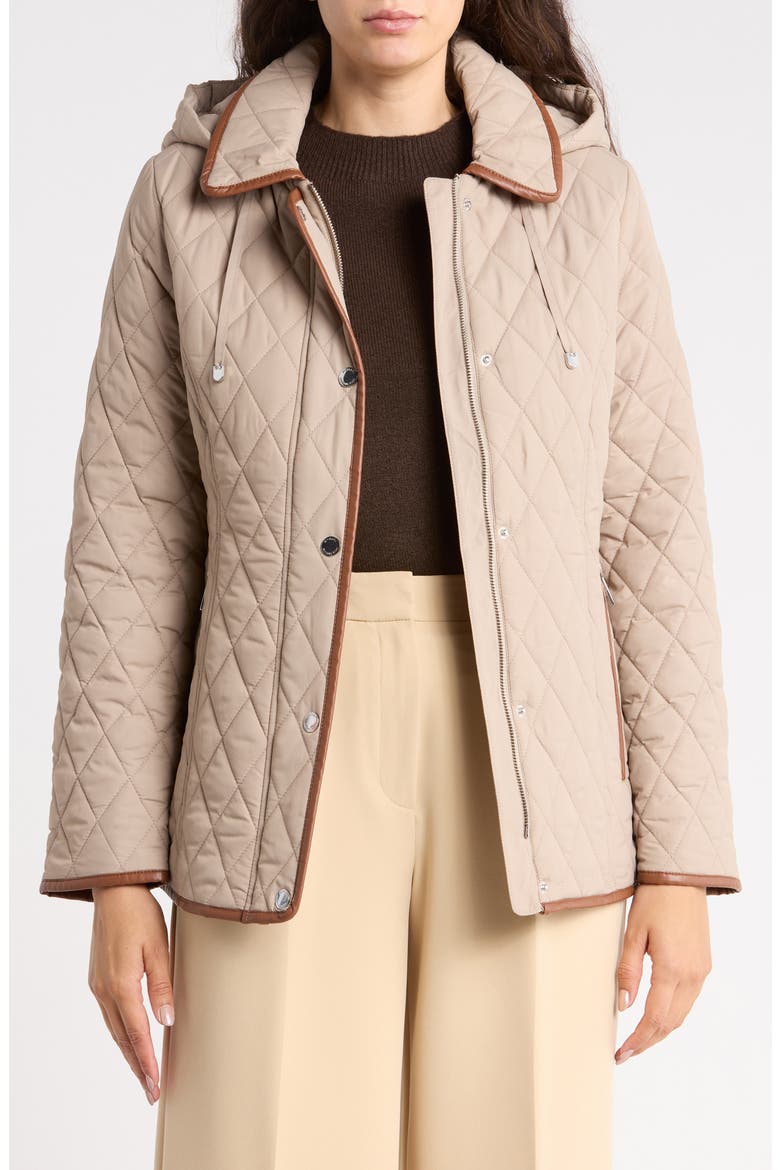 Quilted Hooded Jacket with Faux Leather Trim, Alternate, color, TAUPE