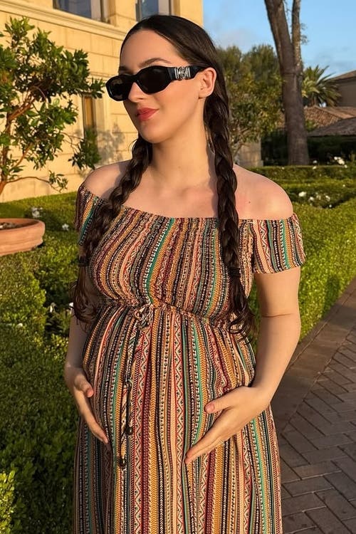 Pinkblush Off Shoulder Cinched Maxi Dress In Multi