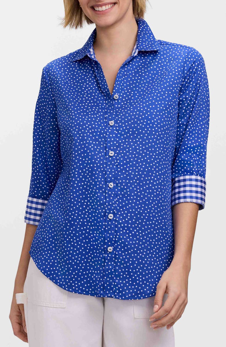 Foxcroft Margie Mini Dot Three-Quarter Sleeve Button-Up Shirt, Main, color, Blue/ White