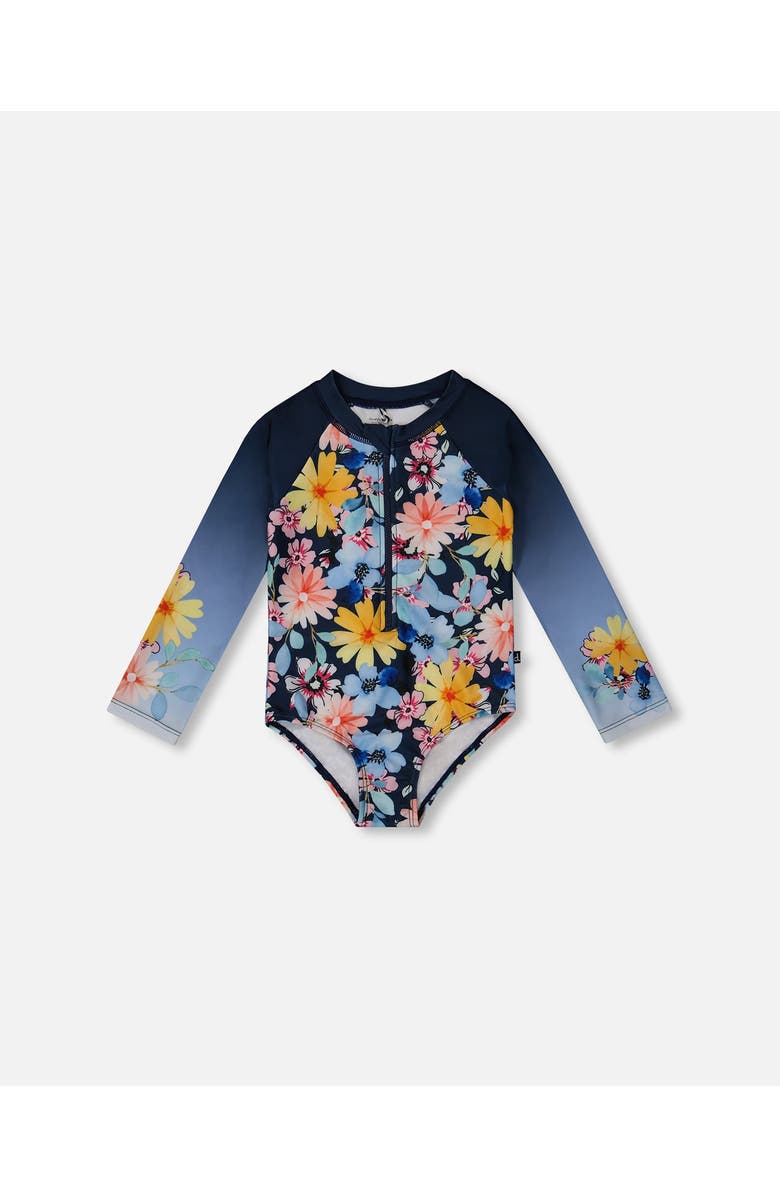 Deux par Deux Little Girl's Printed Long Sleeve Rashguard Navy And Yellow And Pink Flowers, Main, color, 