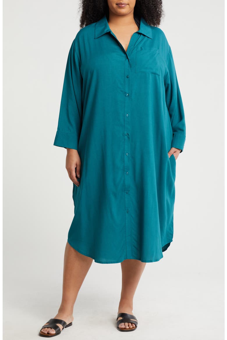 Long Sleeve Button-Up Shirtdress, Main, color, TEAL