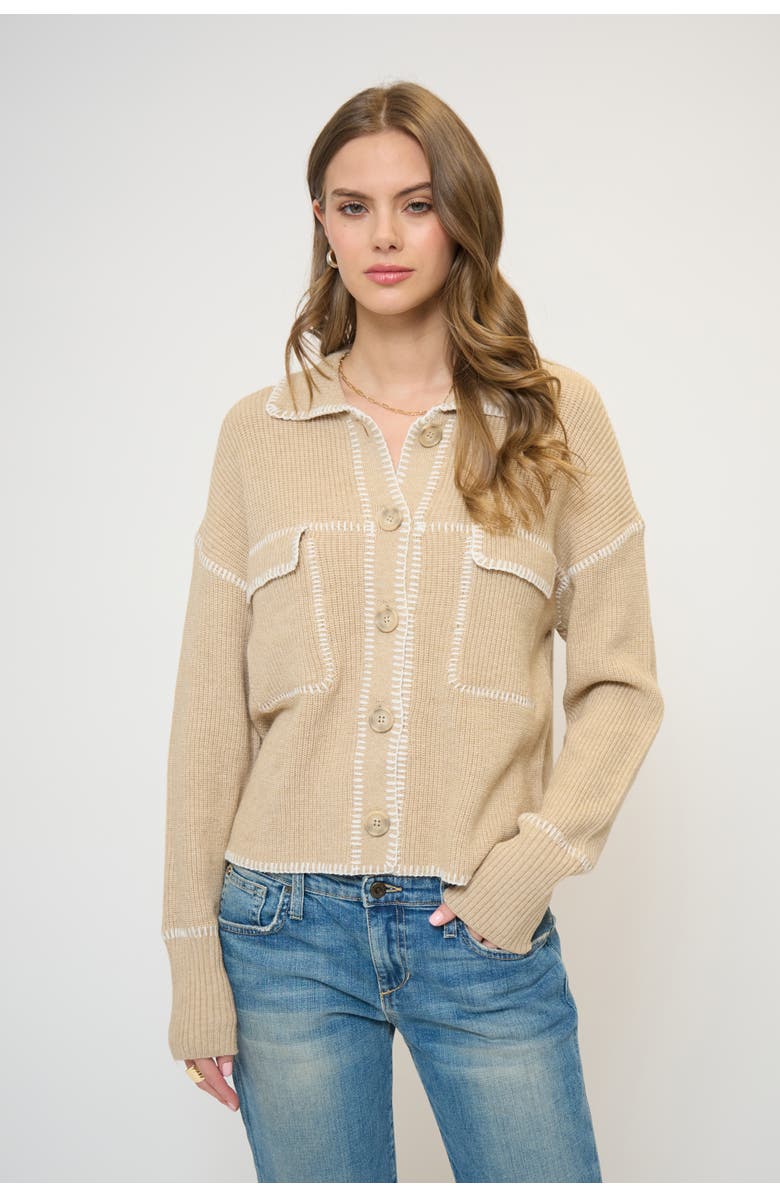 Central Park West Maisie Topstitch Sweater Jacket, Main, color, Oat