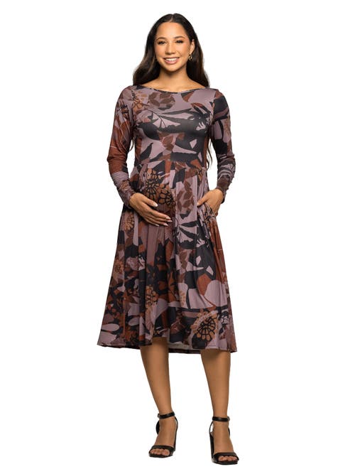 24seven Comfort Apparel Maternity Long Sleeve Midi Dress Brown Floral Print In Gray