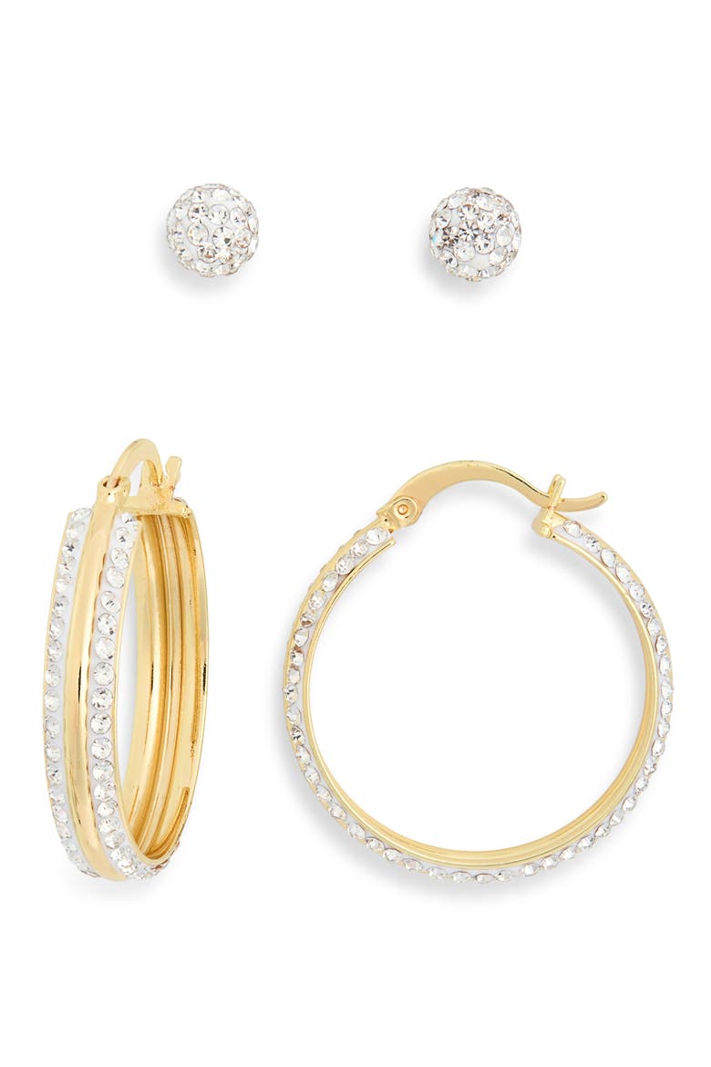 Set of 2 Cubic Zirconia Ball & Huggie Hoop Earrings, Alternate, color, CLEAR- GOLD