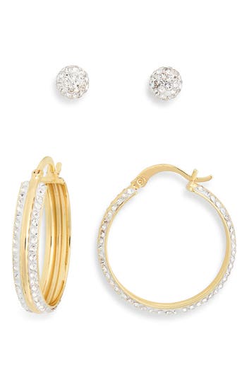 Nordstrom Rack Set Of 2 Cubic Zirconia Ball & Huggie Hoop Earrings In Clear- Gold