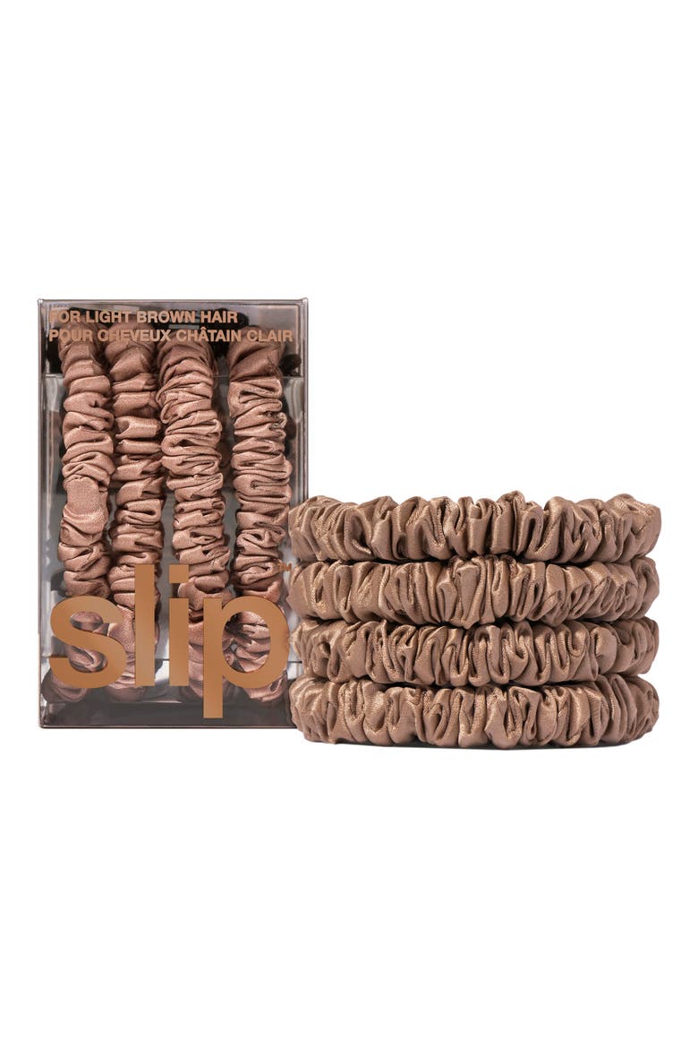 Pure Silk 4-Pack Skinny Scrunchies: Back to Basics Collection, Alternate, color, LIGHT BROWN
