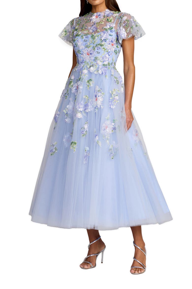 Flutter Sleeve Embroidered A-Line Midi Dress, Main, color, Blue Multi
