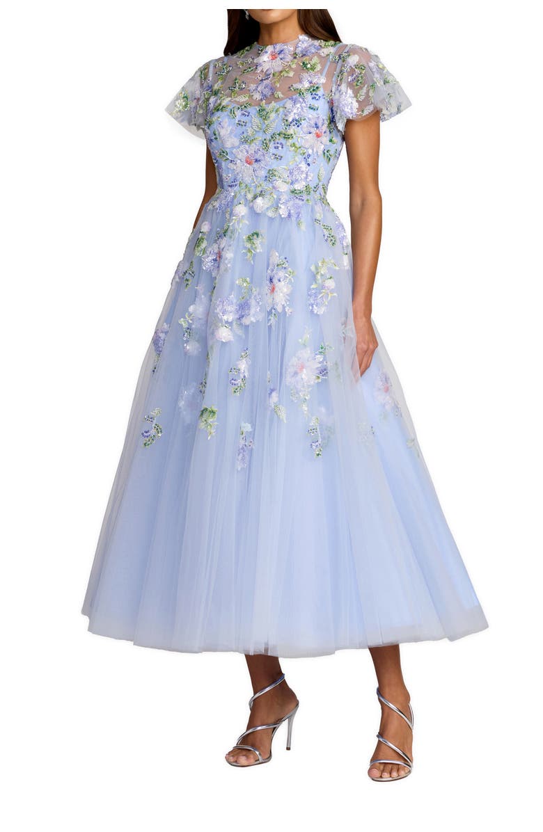 Mac Duggal Flutter Sleeve Embroidered A-Line Midi Dress, Main, color, Blue Multi