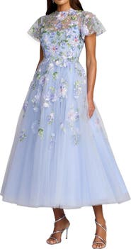 Mac Duggal Flutter Sleeve Embroidered A-Line Midi Dress