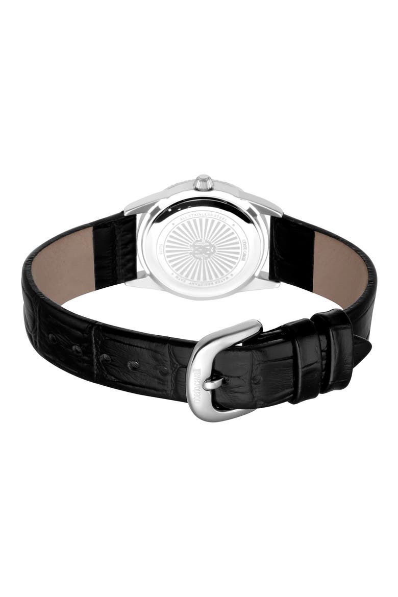 Crystal Quartz Leather Strap Watch, 28mm, Alternate, color, BLACK