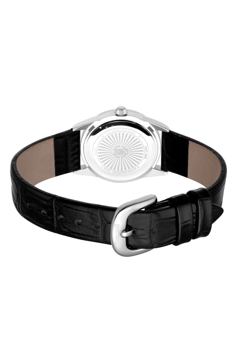 Roberto Cavalli Crystal Quartz Leather Strap Watch, 28mm, Alternate, color, Black