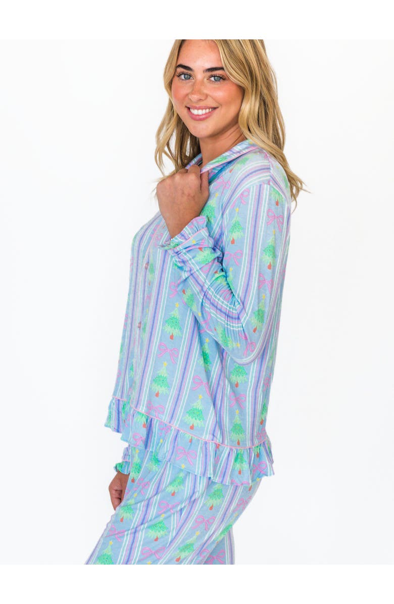 RuffleButts SoftSnooze Women's Ruffle Flare Pajama Set, Main, color, Merry Bow Dreams