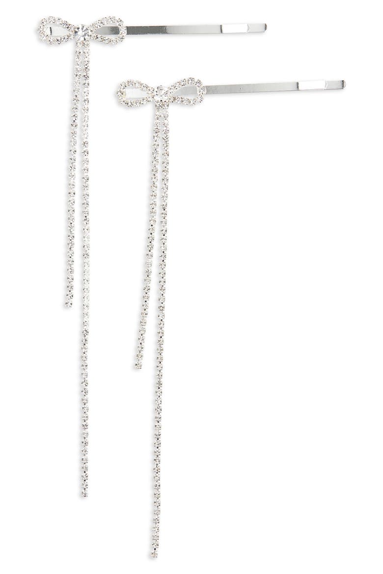 2-Pack Rhinestone Bow Bobby Pins, Main, color, SILVER/CRYS