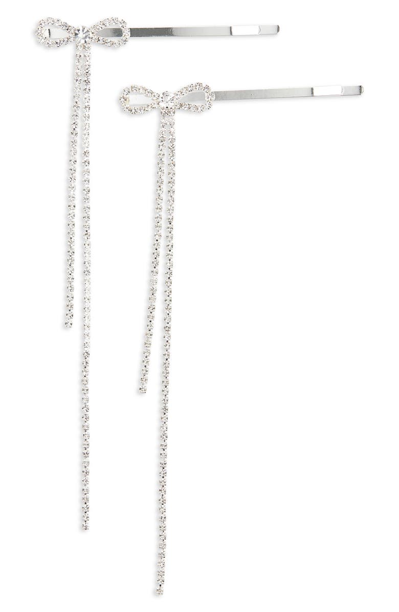 Tasha 2-Pack Rhinestone Bow Bobby Pins, Main, color, Silver/ Crystal