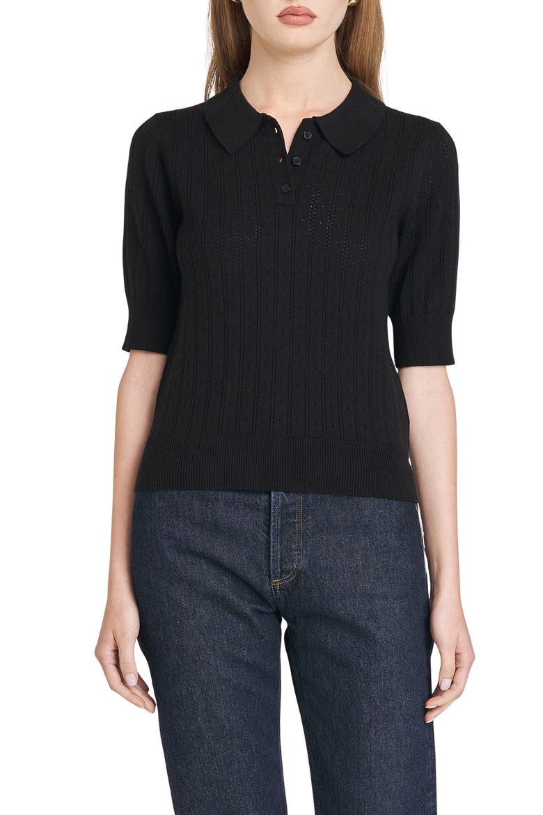 Taylor Short Sleeve Pointelle Polo Sweater, Main, color, BLACK