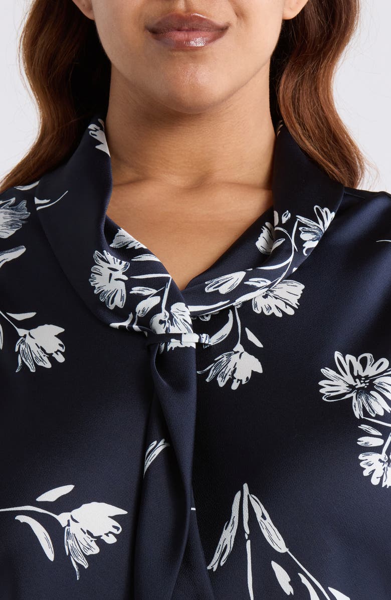 Tahari ASL Floral Tie Neck Sleeveless Satin Top, Alternate, color, Navy Ivory