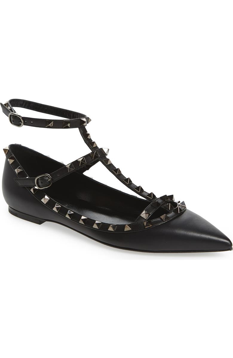 Valentino Garavani 'Rockstud' Double Ankle Strap Pointy Toe Flat, Main, color,