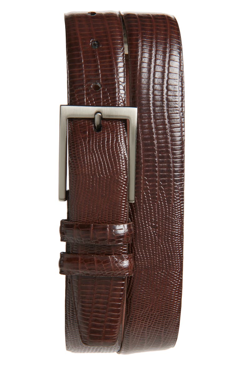 Lizard Embossed Calfskin Leather Belt, Main, color, BROWN