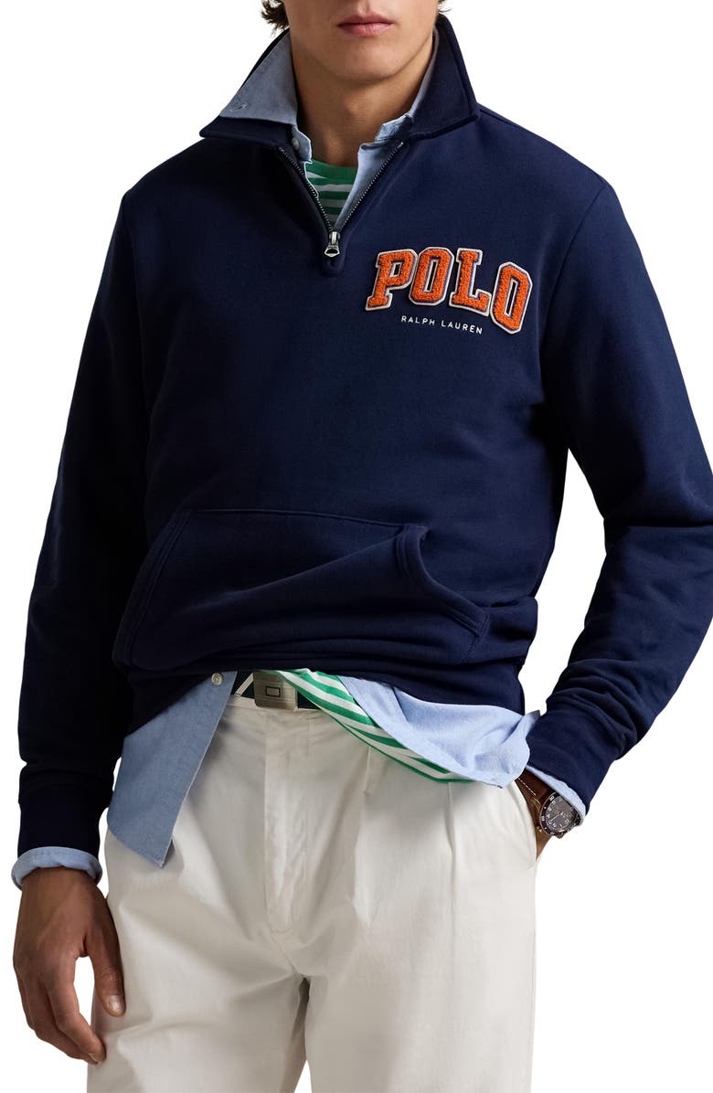 Polo Ralph Lauren Logo Appliqué Quarter Zip Fleece Pullover, Main, color, Cruise Navy