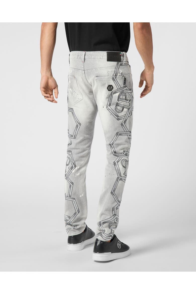 Denim Super Straight Cut Trousers Strass Chains Men, Alternate, color, ConcreteGrey