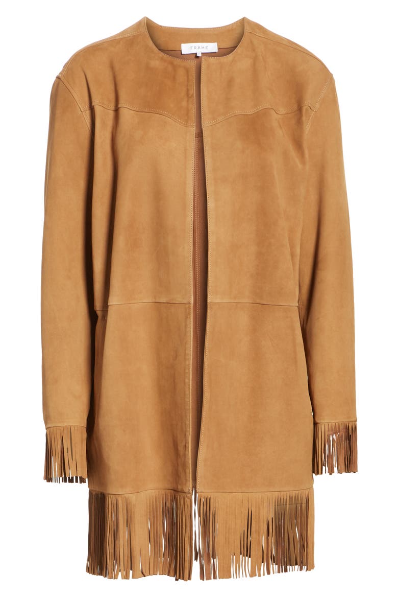 Fringe Trim Suede Jacket, Alternate, color, WARM TAN