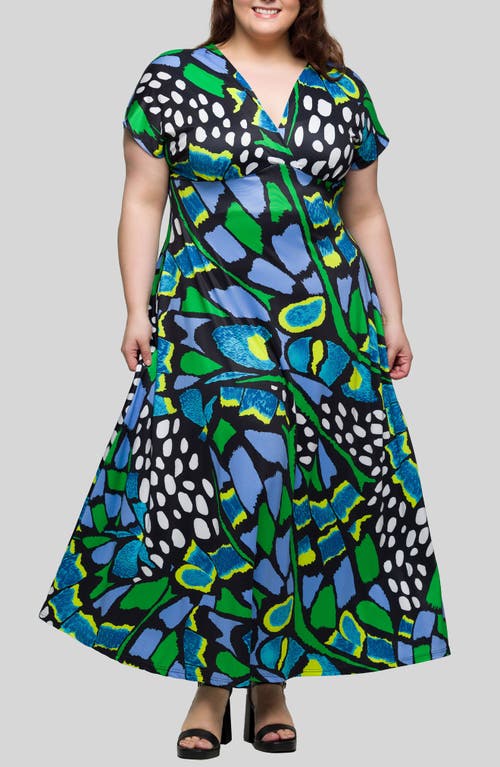 24seven Comfort Apparel Plus Size V-neck Empire Waist Cap Sleeve Maxi Dress In Green Multi