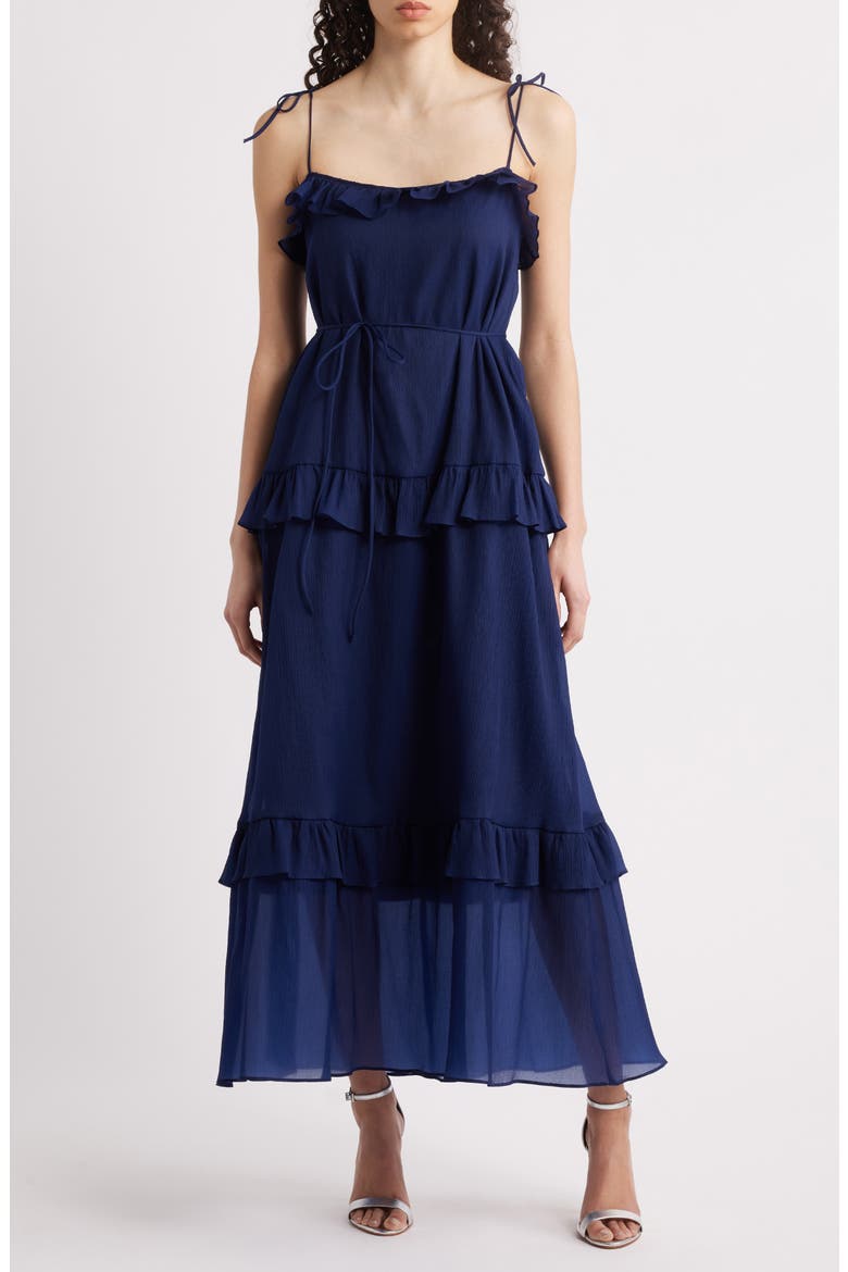 Tie Strap Tiered Midi Dress, Main, color, NAVY