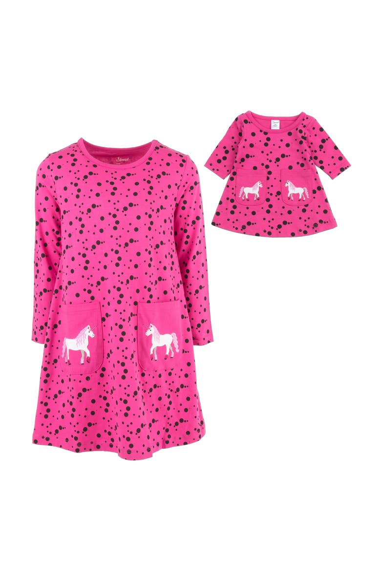 Girls Cotton Dress with Matching Doll Dress, Printed Design, Alternate, color, DOTS