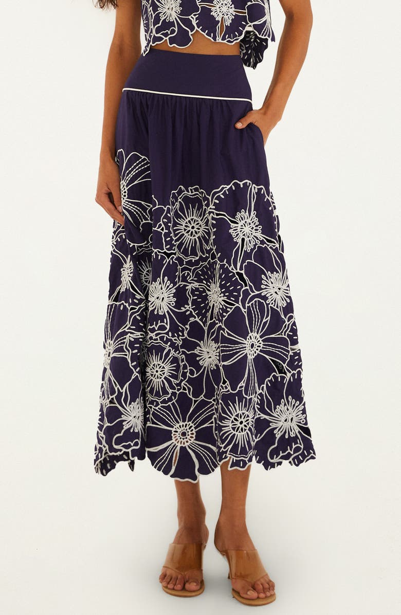 FARM Rio Flowers Richelieu Cotton Midi Skirt, Main, color, Blue