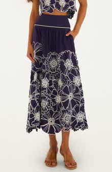 Flowers Richelieu Cotton Midi Skirt