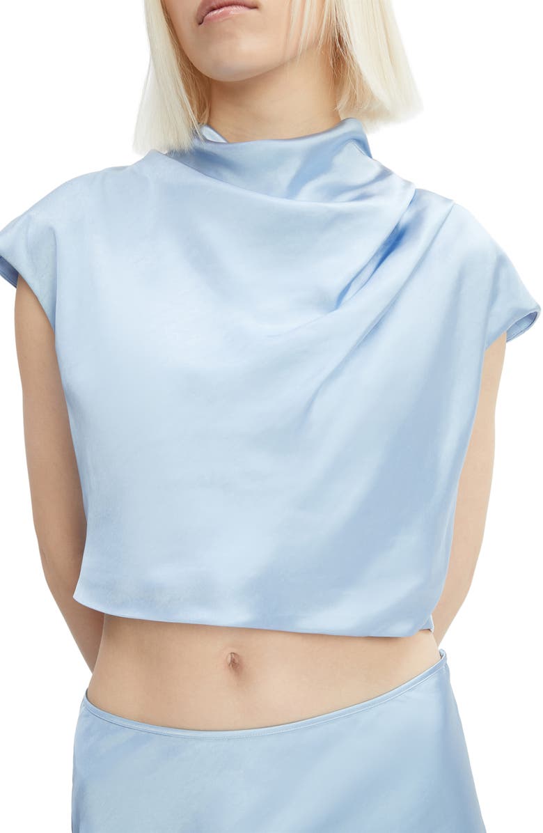 Bardot Auria Draped Satin Crop Top, Alternate, color, Soft Blue