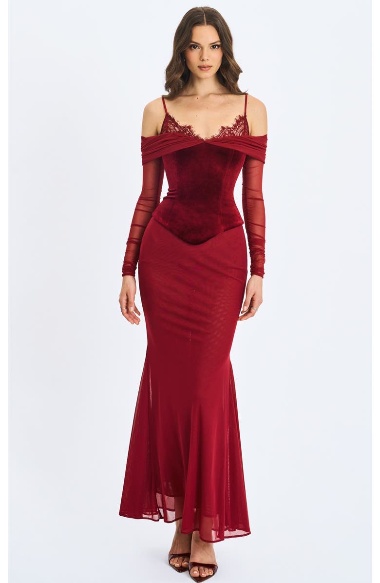 Miss Circle Maybelle Bardot Lace Strap Peplum Maxi Dress, Main, color, Magenta