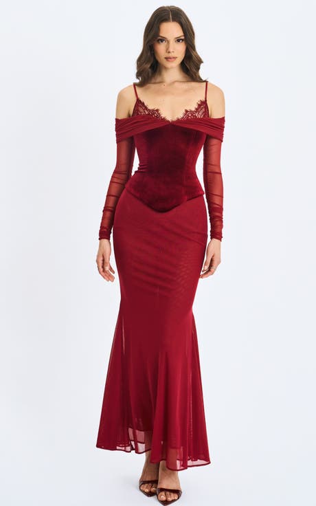 Maybelle Bardot Lace Strap Peplum Maxi Dress