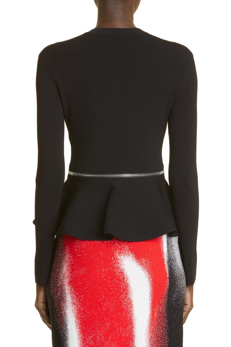 Rib Peplum Cardigan, Alternate, color, BLACK