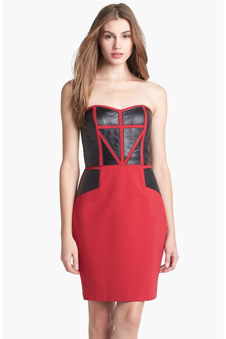 Aidan Mattox Leather Paneled Sheath Dress, Alternate, color, RUBY