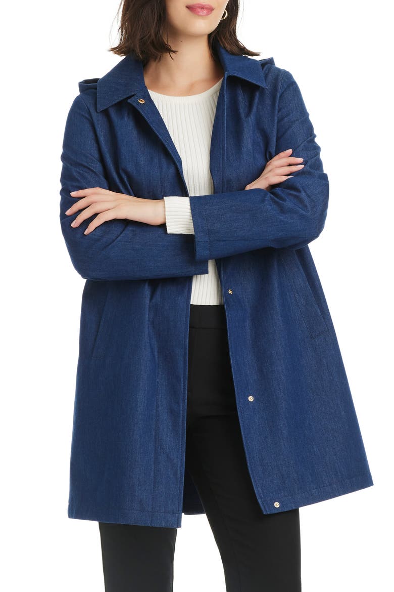 back pleat a-line denim coat, Alternate, color, DARK DENIM
