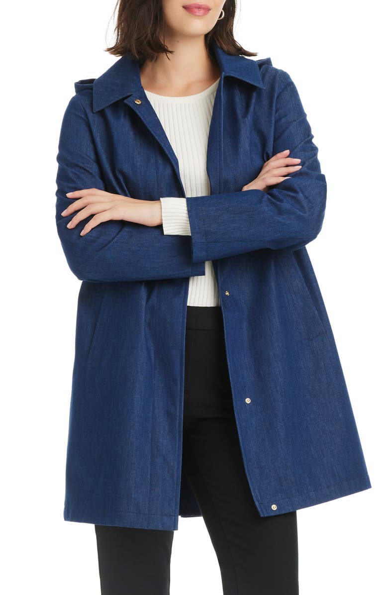 Kate Spade New York back pleat a-line denim coat, Alternate, color, Dark Denim