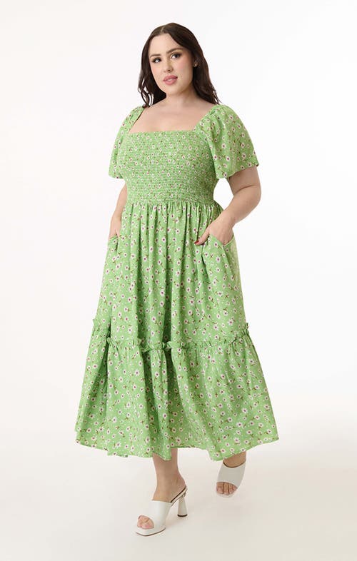 Unique Vintage Plus Size Smocked Bodice Midi Dress