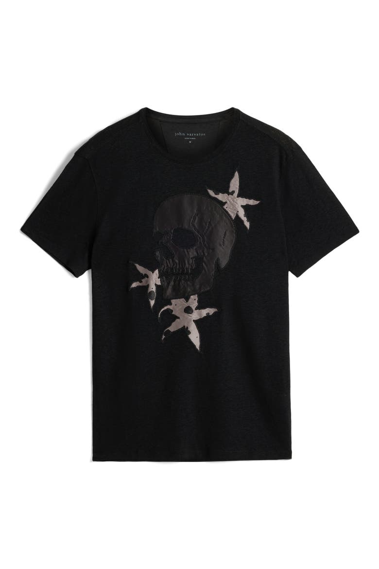 Embellished Skull Floral Linen & Modal Graphic Tee, Main, color, BLACK