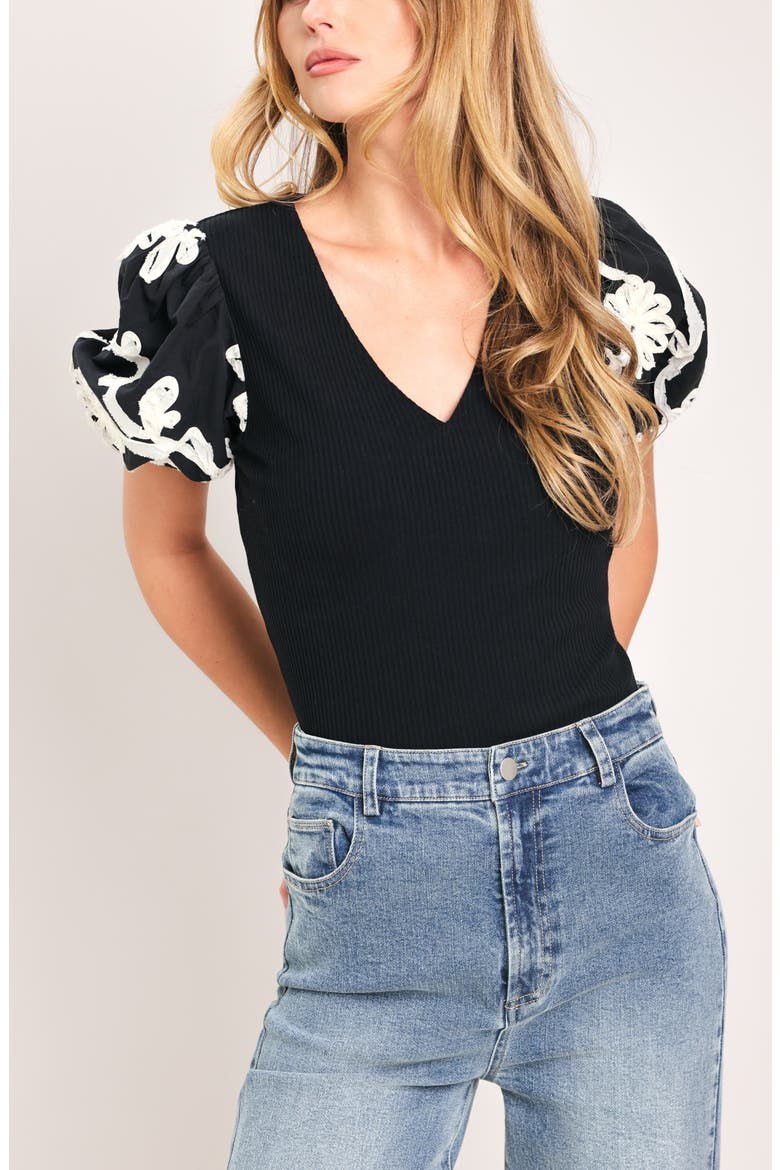 Floral Embroidered Puff Sleeve Ribbed Top, Alternate, color, BLACK