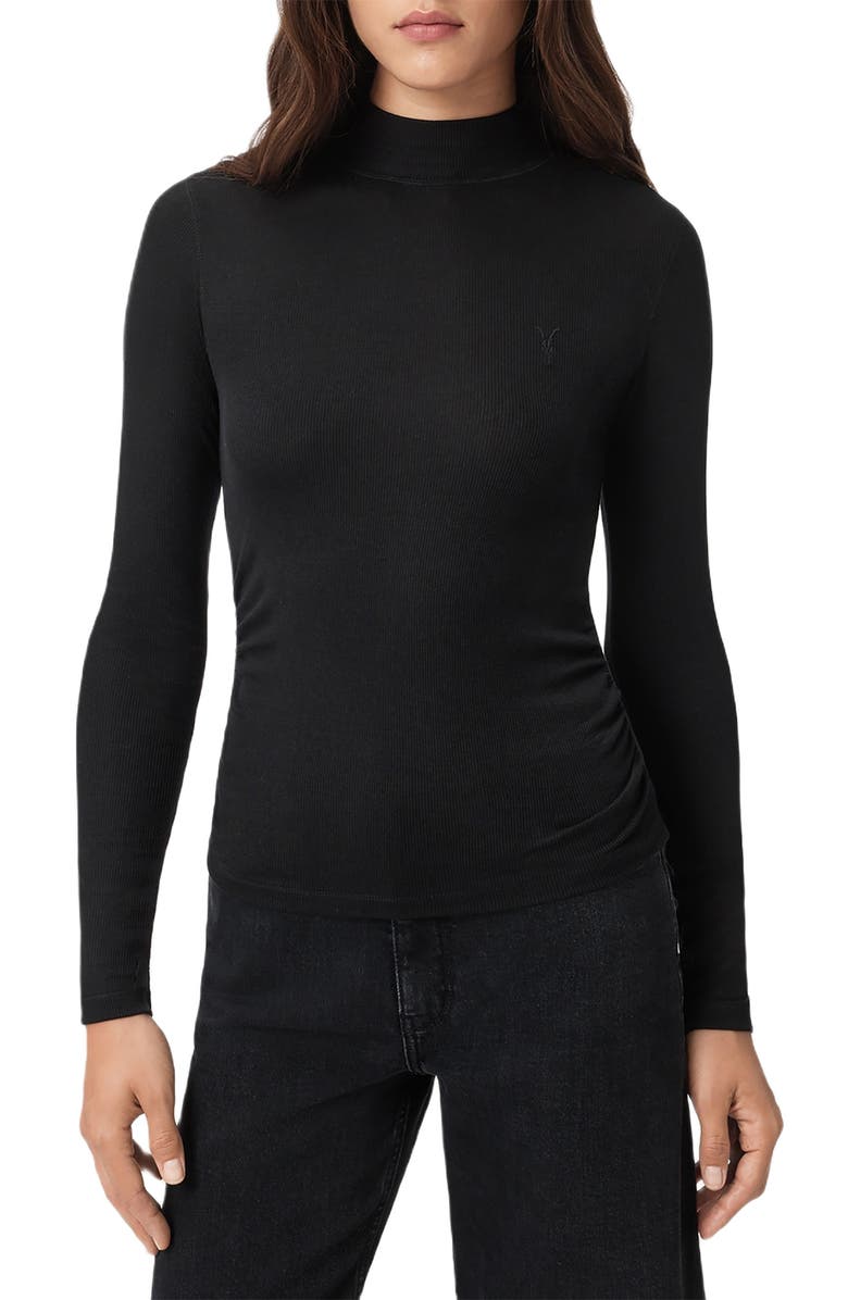 AllSaints Rina Mock Neck Long Sleeve Rib Top, Main, color, Black